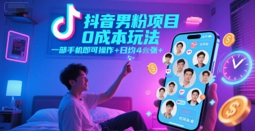 抖音男粉项目0成本玩法，一部手机即可操作，日均4张+，时间自由-轻创网
