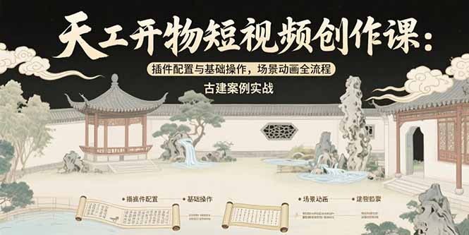 天工开物短视频创作课：插件配置与基础操作，场景动画全流程 古建案例实战-轻创网