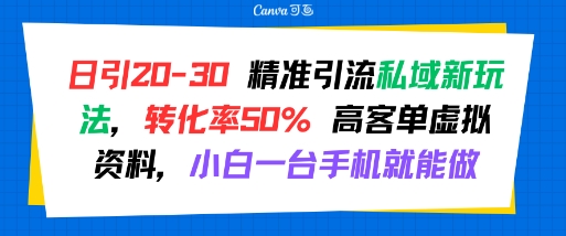 日引 20-30 精准引流私域新玩法，转化率50% 高客单虚拟资料，小白一台手机就能做-轻创网