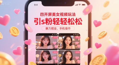 四开屏美女视频玩法，引s粉轻轻松松，暴力掘金，手机操作【揭秘】-轻创网