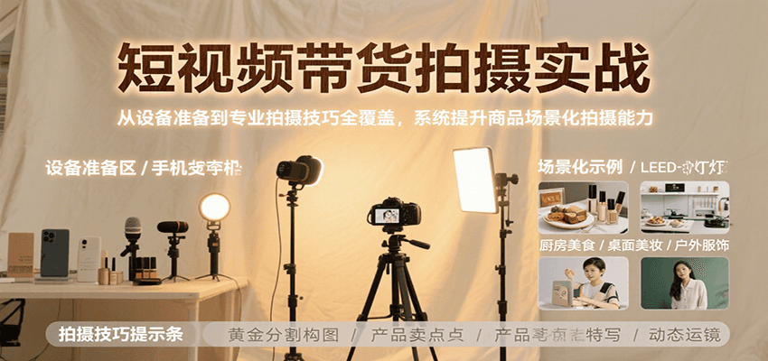 短视频带货拍摄实战，从设备准备到专业拍摄技巧全覆盖，系统提升商品场景化拍摄能力-轻创网