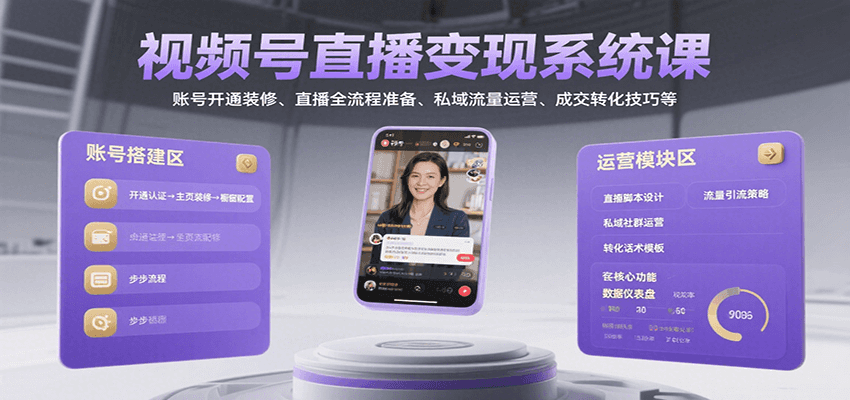 视频号直播变现系统课，账号开通装修、直播全流程准备、私域流量运营、成交转化技巧等-轻创网