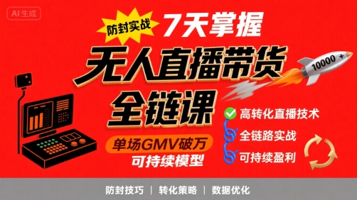 无人直播带货全链防封实战课，7天掌握高转化直播技术，实现单场GMV破万可持续模型-轻创网
