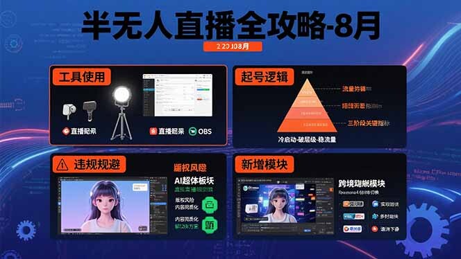 半无人直播全攻略-8月：工具使用+起号逻辑+违规规避,新增AI超体与跨境模块-轻创网