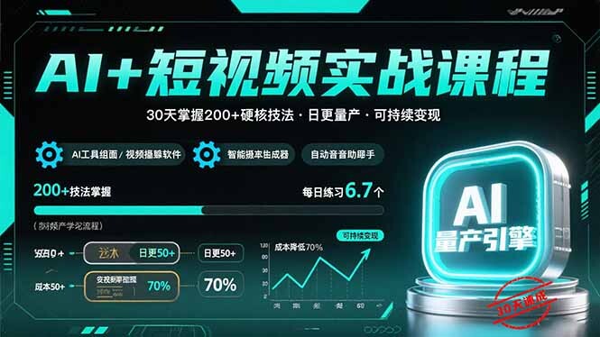 AI+短视频实战课程：30天掌握200+硬核技法，实现日更量产可持续变现-轻创网