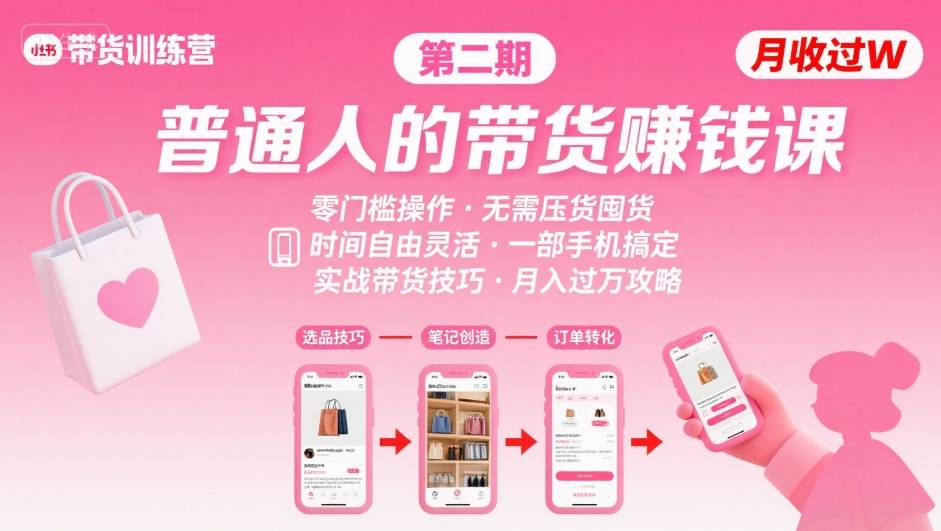 小红书带货第二期训练营，普通人月收过W的带货课，时间自由，零门槛无压货，一部手机即可操作-轻创网