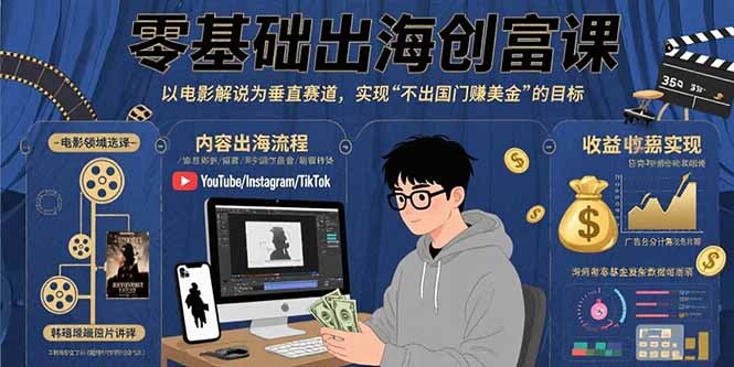 零基础出海创富课：以电影解说为垂直赛道，实现不出国门赚美金的目标-轻创网