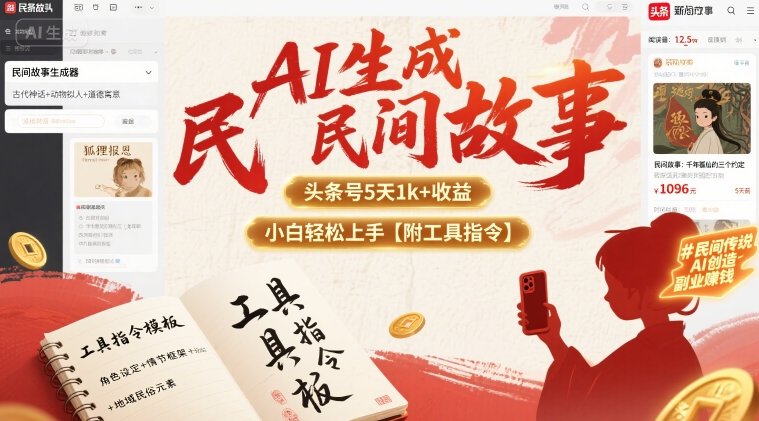 AI生成民间故事，头条号5天1k+，小白轻松上手【附工具指令】-轻创网