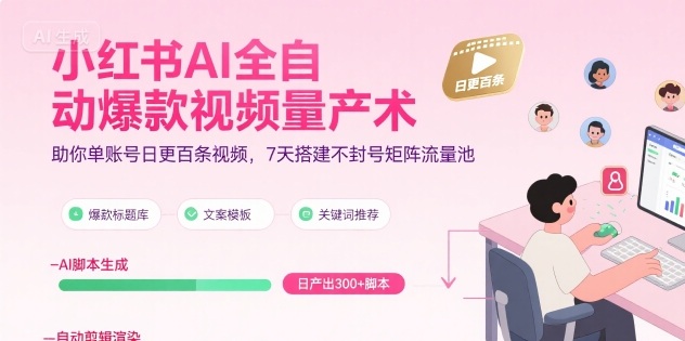 小红书AI全自动爆款视频量产术，助你单账号日更百条视频，7天搭建不封号矩阵流量池(更新8月)-轻创网