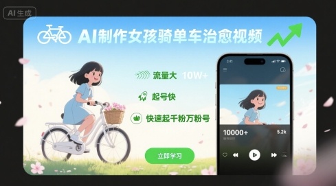 AI制作女孩骑单车治愈视频，流量大，起号快，快速起千粉万粉号-轻创网