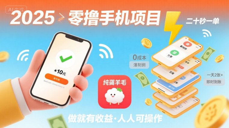 2025年零撸手机项目，二十秒一单，纯薅羊毛 一天2张+做就有-轻创网
