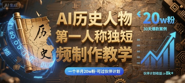 最新AI历史人物第一人称独白短视频制作教学，一个半月20w粉，可过伙伴计划-轻创网