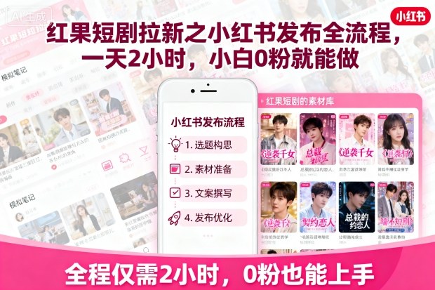 红果短剧拉新之小红书发布全流程，一天2小时，小白0粉就能做-轻创网