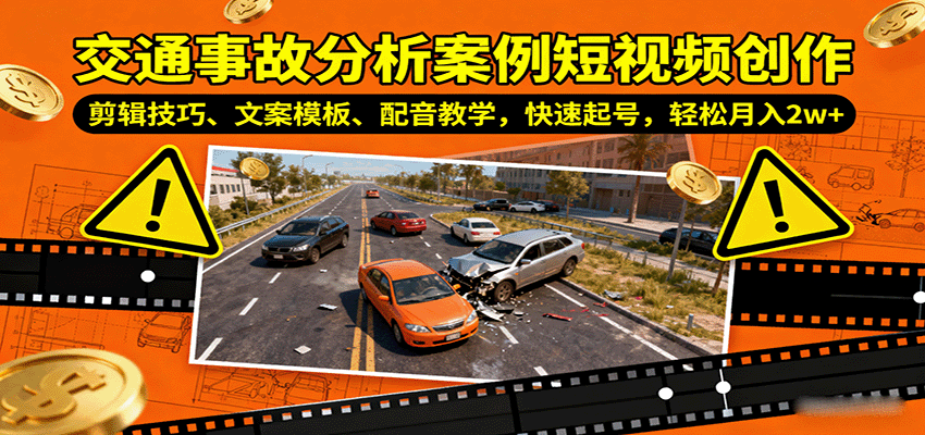 交通事故分析案例短视频创作，剪辑技巧、文案模板、配音教学，快速起号，轻松月入2w+-轻创网