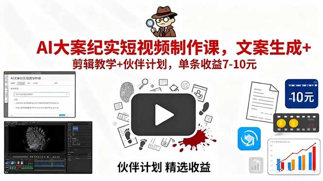 AI大案纪实短视频制作课，文案生成+剪辑教学+伙伴计划，单条收益7-10元-轻创网
