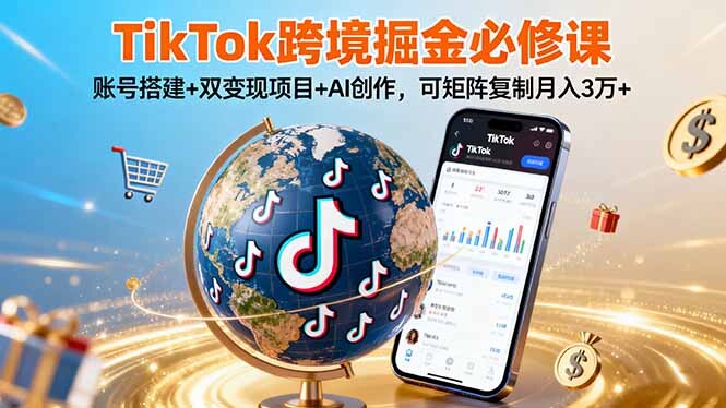 TikTo跨境掘金必修课,账号搭建+双变现项目+AI创作,可矩阵复制月入3万+-轻创网