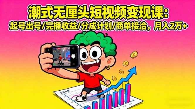 潮式无厘头短视频变现课：起号出号/完播收益/分成计划/商单接洽，月入2万+-轻创网