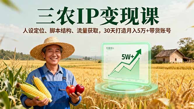 三农IP变现课，人设定位、脚本结构、流量获取，30天打造月入5万+带货账号-轻创网