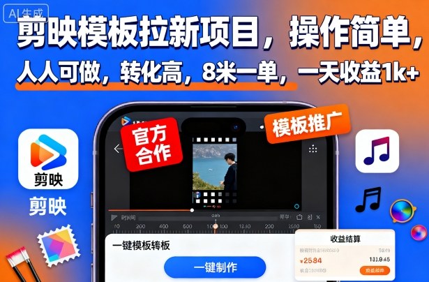 剪映模板拉新项目，操作简单，人人可做，转化高，8米一单，一天收益1k+-轻创网