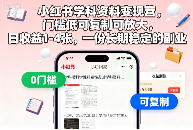 小红书学科资料变现营，门槛低可复制可放大，日收益1-4张，一份长期稳定的副业-轻创网