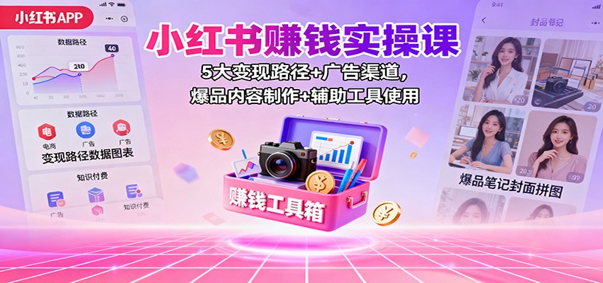 小红书赚钱实操课：5大变现路径+广告渠道，爆品内容制作+辅助工具使用-轻创网