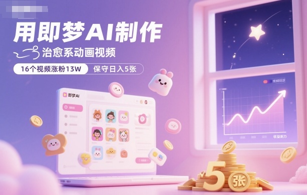 用即梦AI制作治愈系动画视频，16个视频涨粉13W，保守日入5张-轻创网