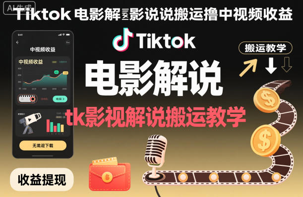 Tiktok电影解说搬运撸中视频收益，tk影视解说搬运教学-轻创网