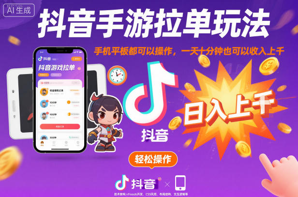 抖音手游拉单玩法，手机平板都可以操作，一天十分钟也可以收入上K【揭秘】-轻创网