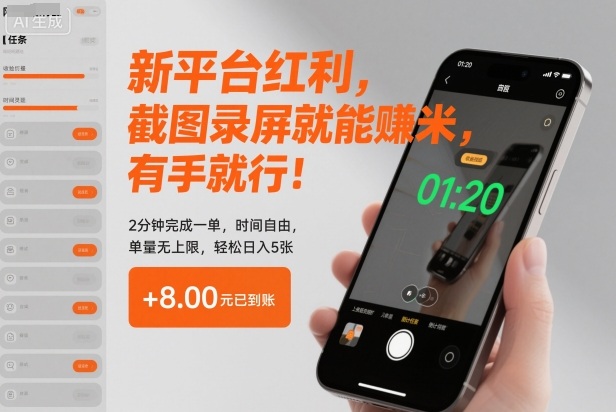 新平台红利，截图录屏就能賺米，有手就行！2分钟完成一单，时间自由，单量无上限，轻松日入5张【揭秘】-轻创网