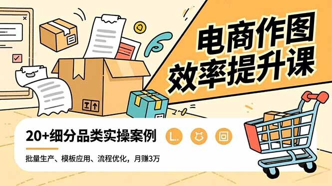 电商作图效率提升课，批量生产、模板应用、流程优化，20+细分品类实操案例，月赚3万-轻创网