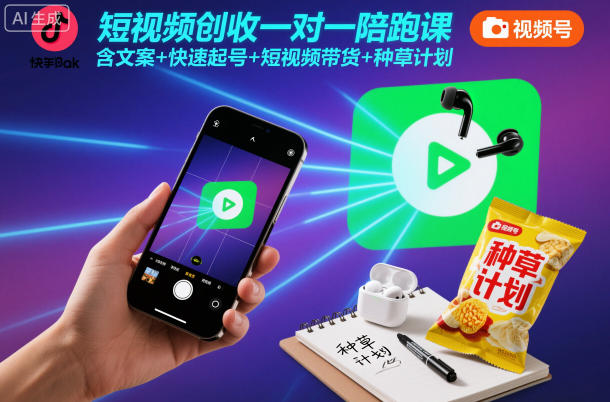 短视频创收一对一陪跑课，含文案+快速起号+短视频带货+种草计划-轻创网