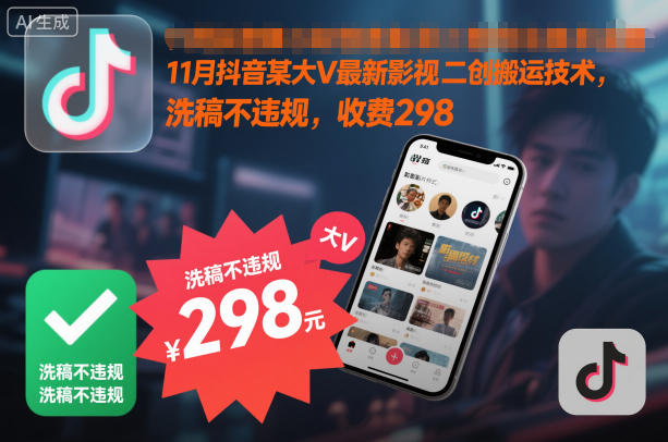 11月抖音某大V最新影视二创搬运技术，洗稿不违规，收费298-轻创网