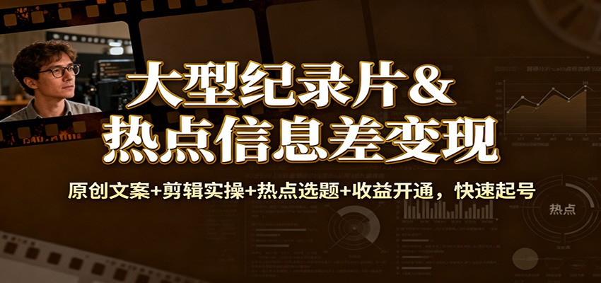 大型纪录片&热点信息差变现：原创文案+剪辑实操+热点选题+收益开通，快速起号-轻创网