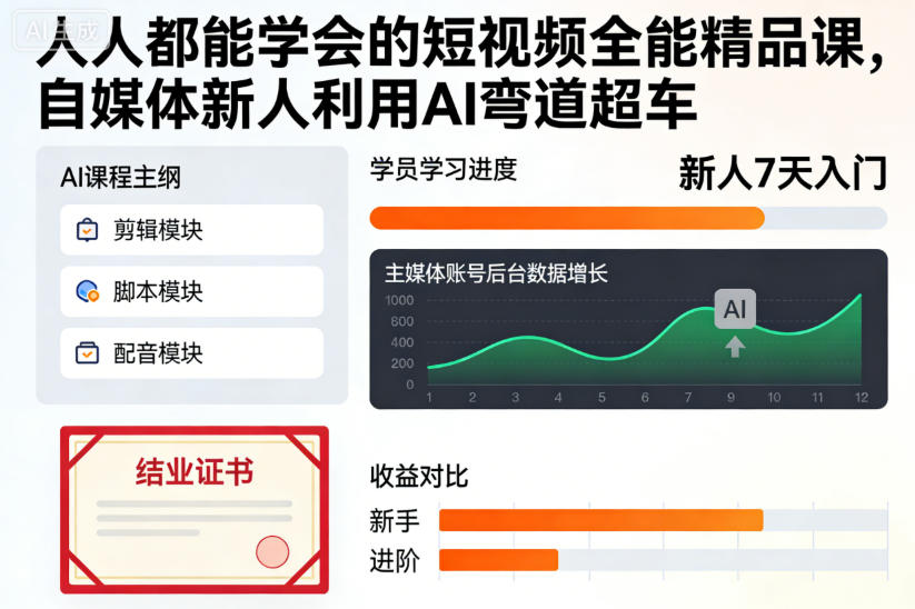 人人都能学会的短视频全能精品课，自媒体新人利用AI弯道超车-轻创网