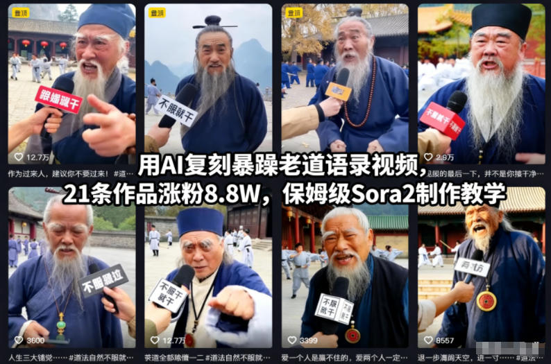 用AI复刻暴躁老道语录视频，21条作品涨粉8.8W，保姆级Sora2制作教学-轻创网