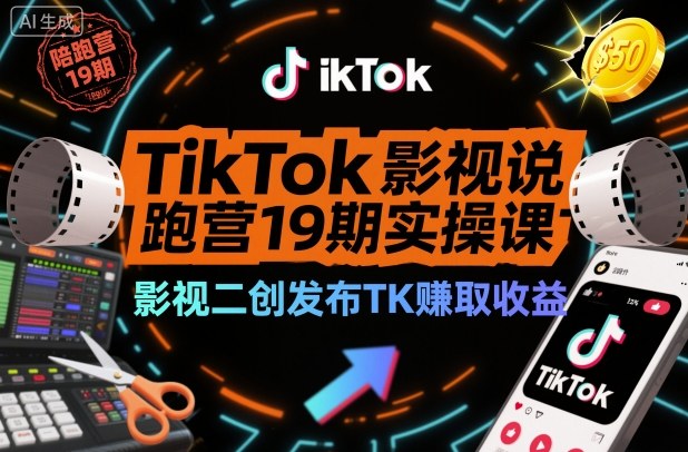 TikTok影视解说陪跑营19期实操课，影视二创发布TK賺取收益，万播收益50美金(更新)-轻创网