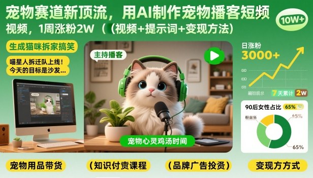 宠物赛道新顶流，用AI制作宠物播客短视频，1周涨粉2W(视频+提示词+变现方法)-轻创网