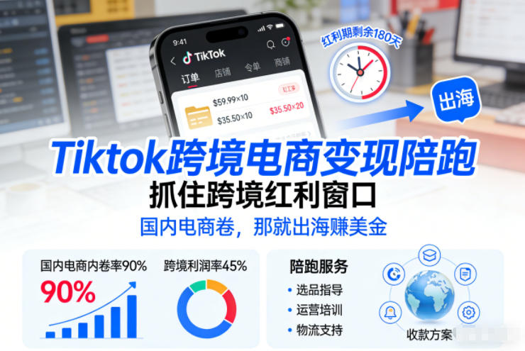 Tiktok跨境电商变现陪跑，抓住跨境红利窗口，国内电商卷，那就出海賺美金-轻创网