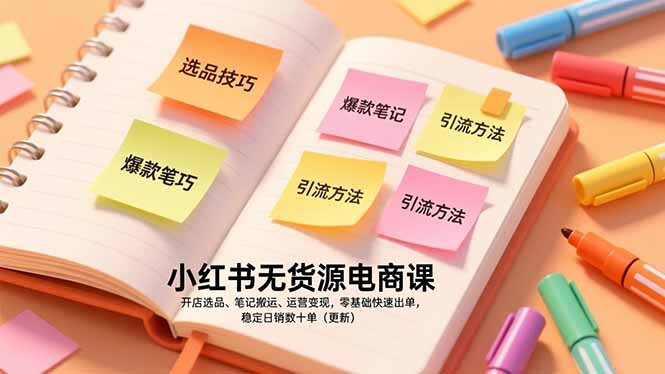 小红书无货源电商课，开店选品、笔记搬运、运营变现，零基础快速出单，稳定日销数十单(更新-轻创网