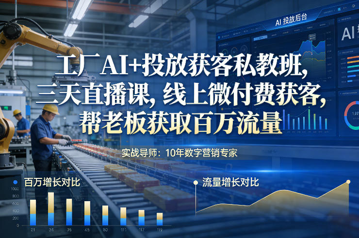 工厂AI+投放获客私教班，三天直播课，线上微付费获客，帮老板获取百万流量-轻创网