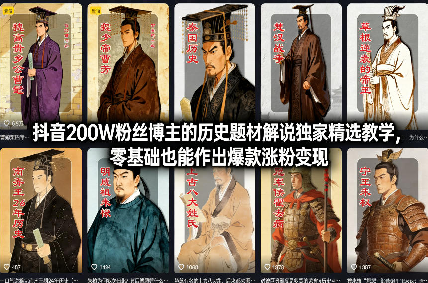 抖音200W粉丝博主的历史题材解说独家精选教学，零基础也能作出爆款涨粉变现-轻创网