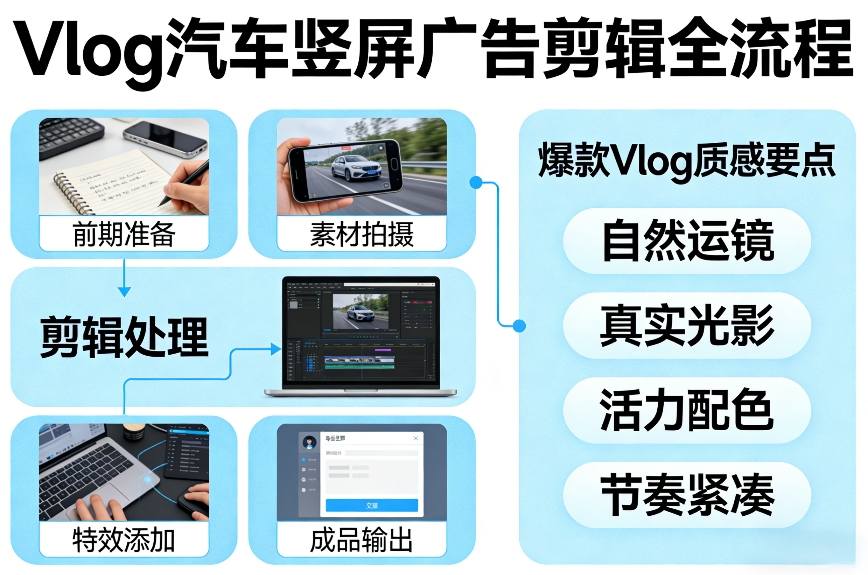 Vlog感觉汽车竖屏广告剪辑脚本全流程，拿捏爆款Vlog质感-轻创网