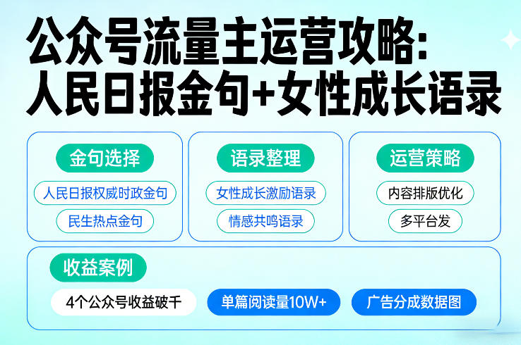 利用人民日报金句+女性成长语录做公众号流量主，4个公众号收益破千-轻创网