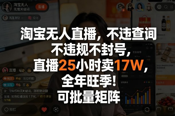 淘宝无人直播，不违规不封号，直播25小时卖17W，全年旺季！可批量矩阵【揭秘】-轻创网
