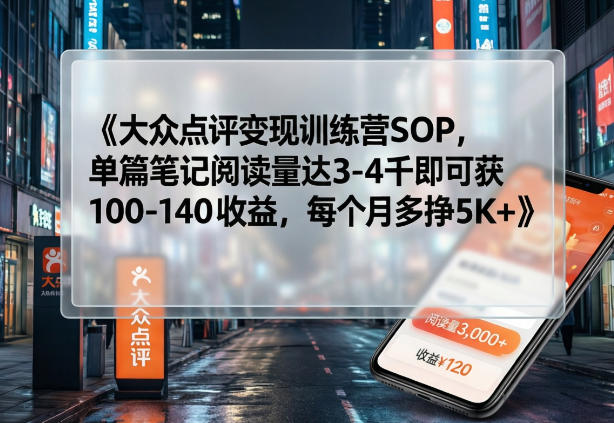 大众点评变现训练营SOP，单篇笔记阅读量达3-4千即可获100-140收益，每个月多挣5K+-轻创网